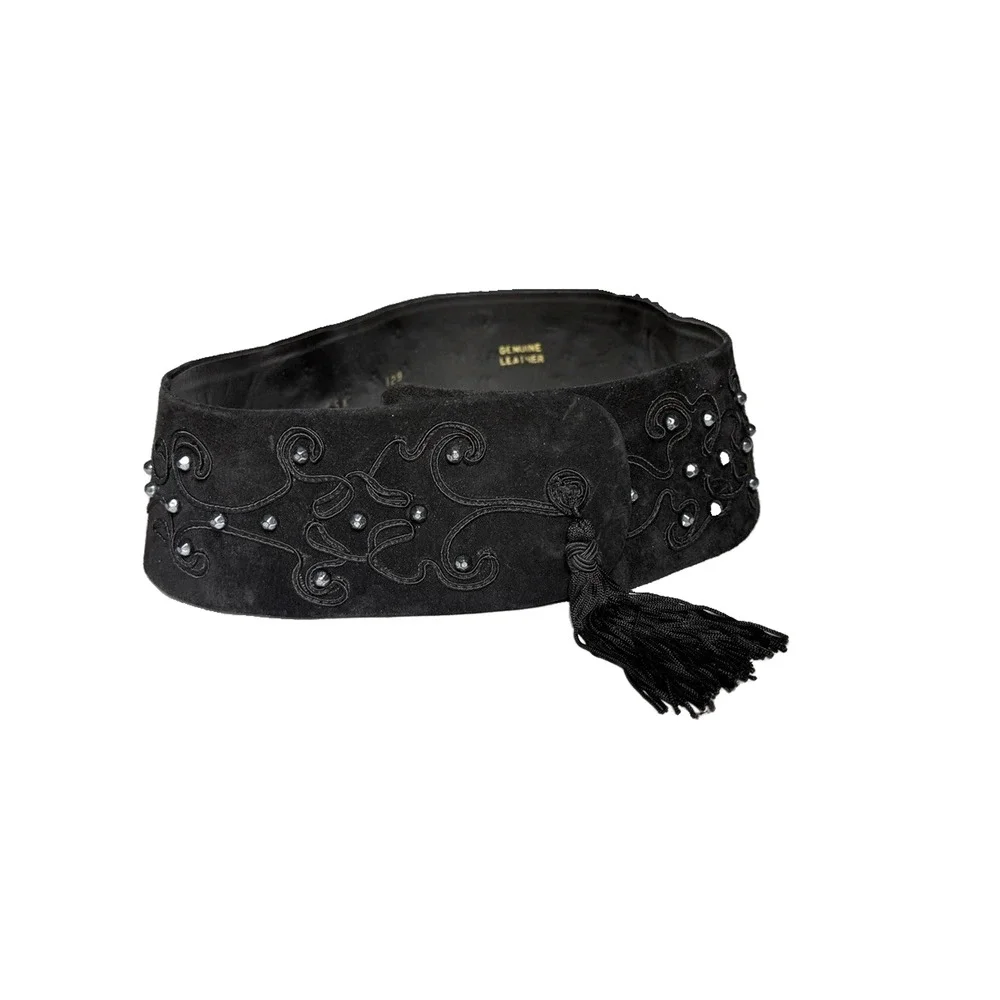 Vintage Suede Leather High Waist Belt Womens Wide Applique Passementerie w Studs